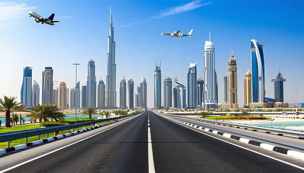 Dubai cityscape with road and travel icons