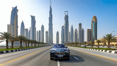 A scenic Dubai road with iconic skyscrapers and a luxury vehicle