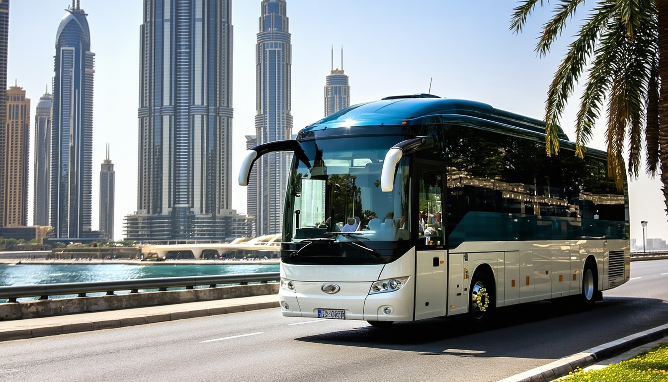Luxury tour bus driving through Dubai cityscape
