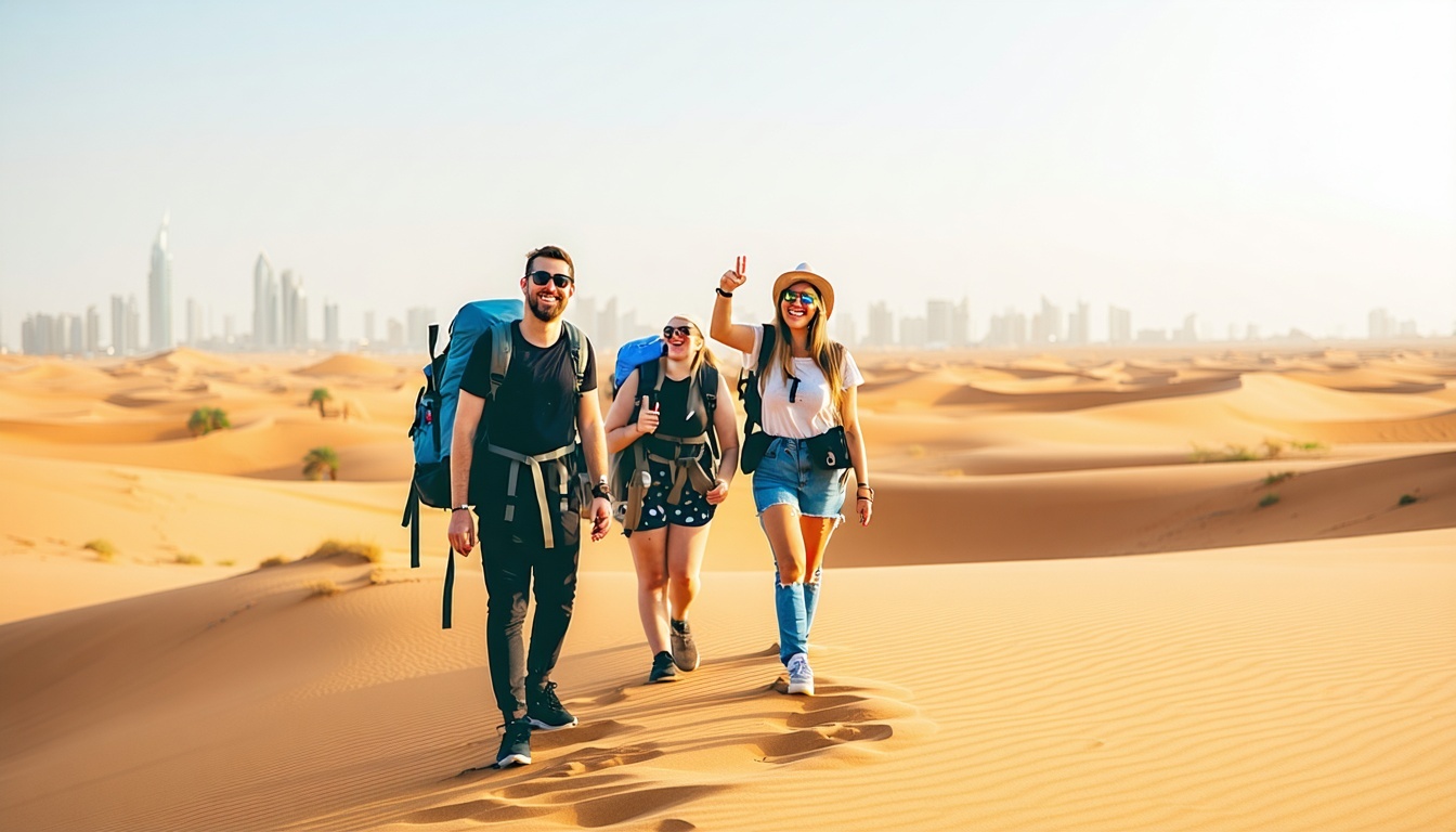 Happy travellers exploring Dubai’s desert on a guided tour